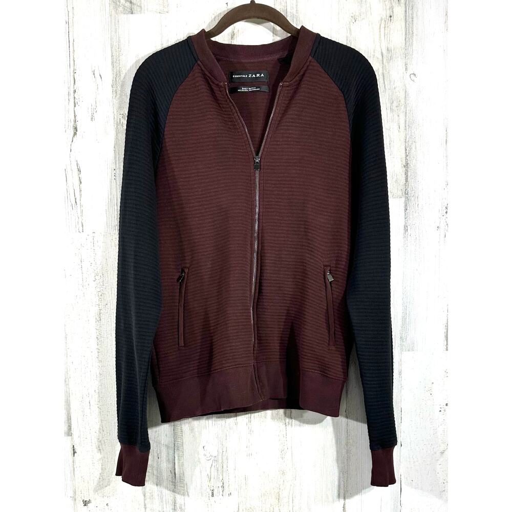 Essentials Zara Daily Outfit Zip Up Raglan Ribbed Jacket Medium‎ Burgundy Black